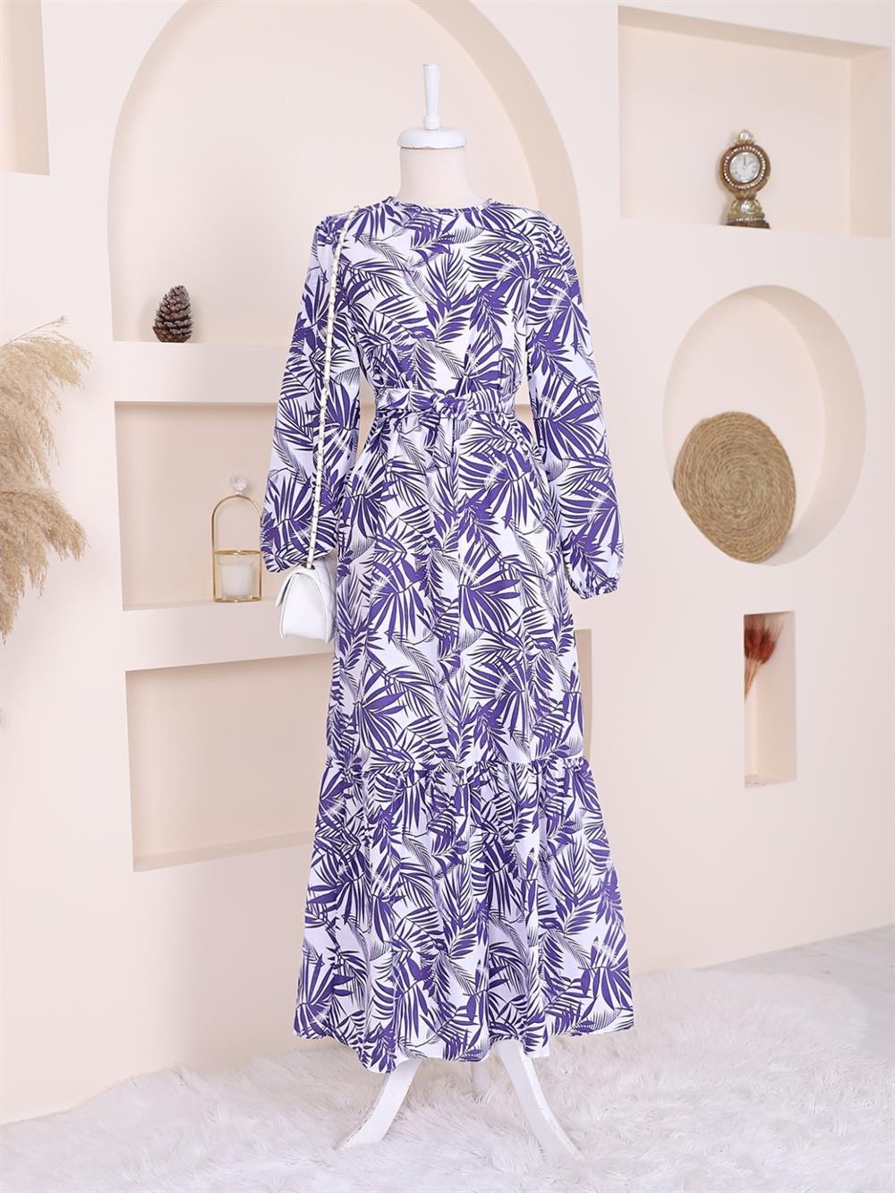 arm Elastic Palmiye Desen Dress  -Purple