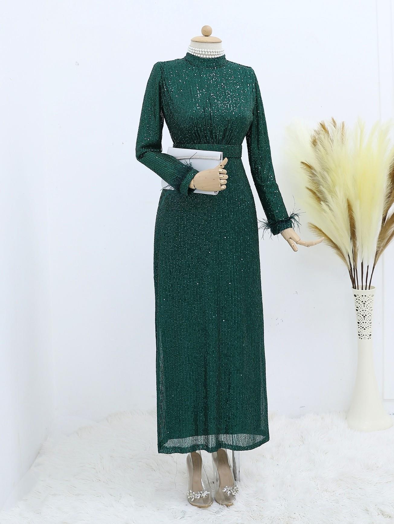 arm Hair Detailed Arched Pul Payet Evening Dress -Emerald