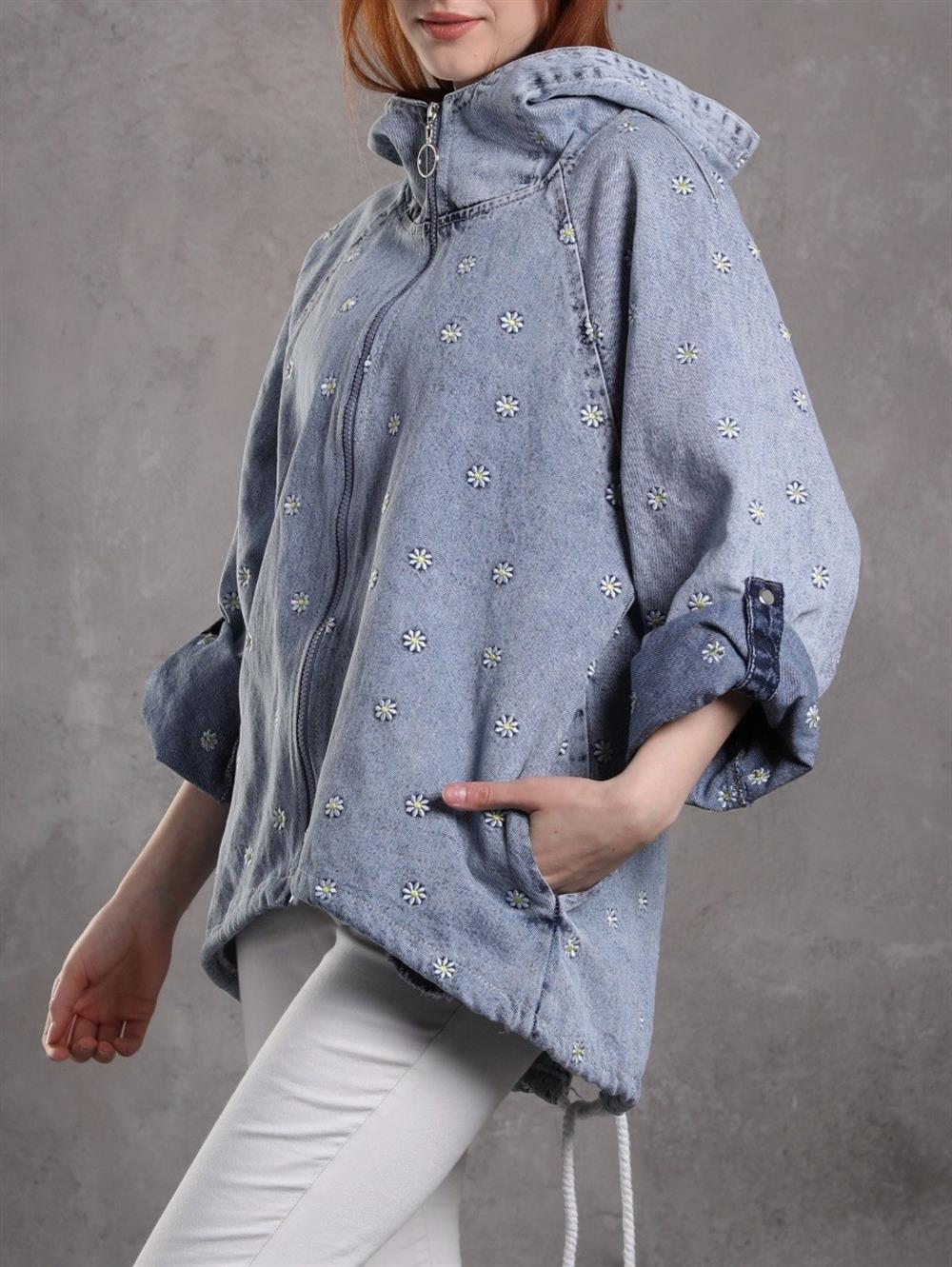 Constant Hooded Daisy Embroidered Zipped Jeans Jacket -Buz Blue