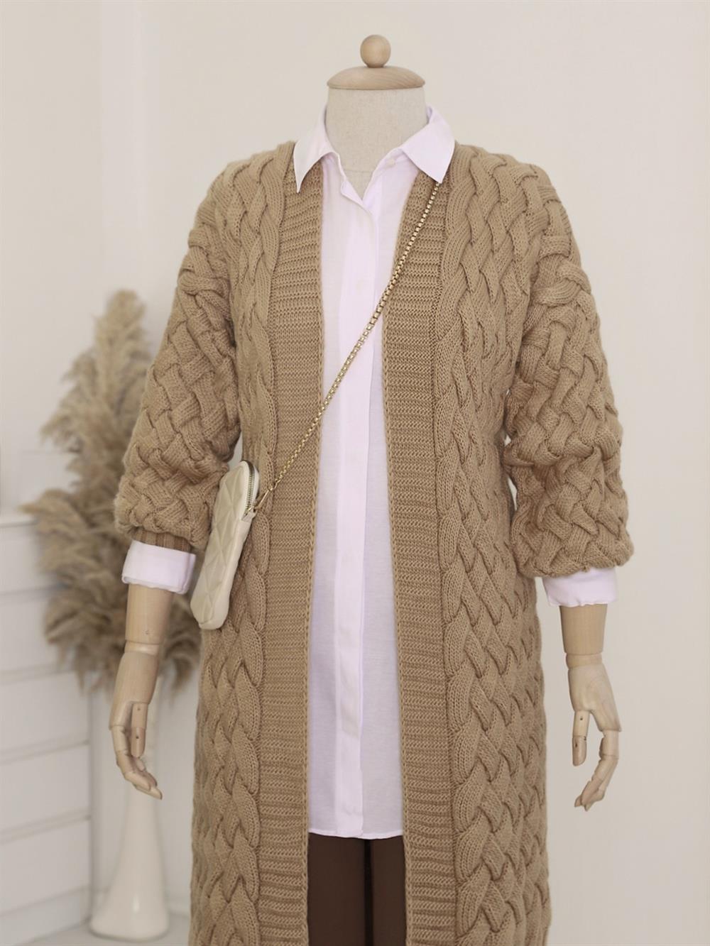 Saç Knitting Desen Long Cardigan -Mink