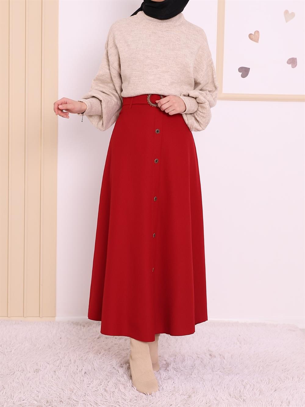 Buckle Arched  Button Detailed flared Skirt -Red