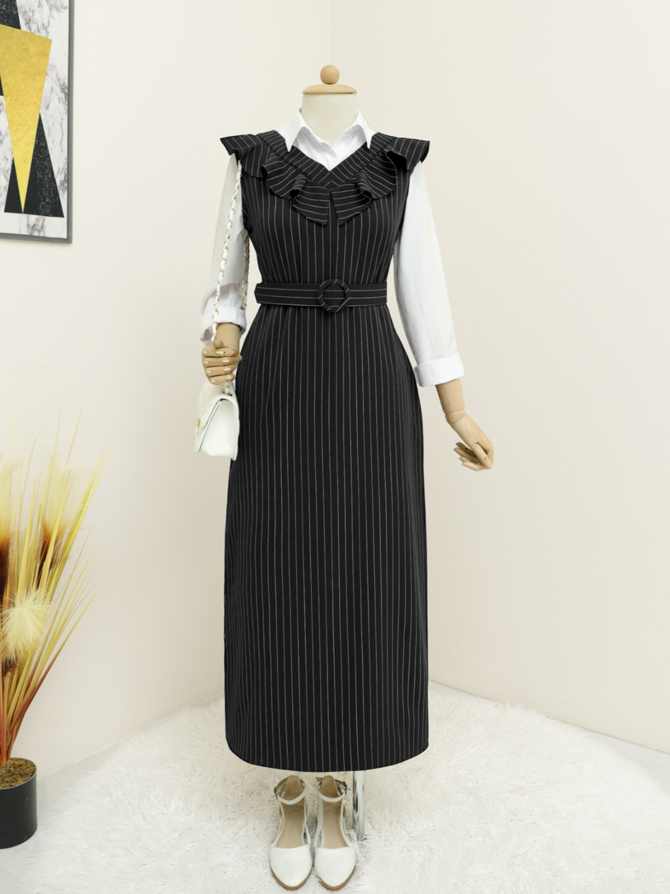 Yakası Frilly Striped Arched Gilet Dress -Black