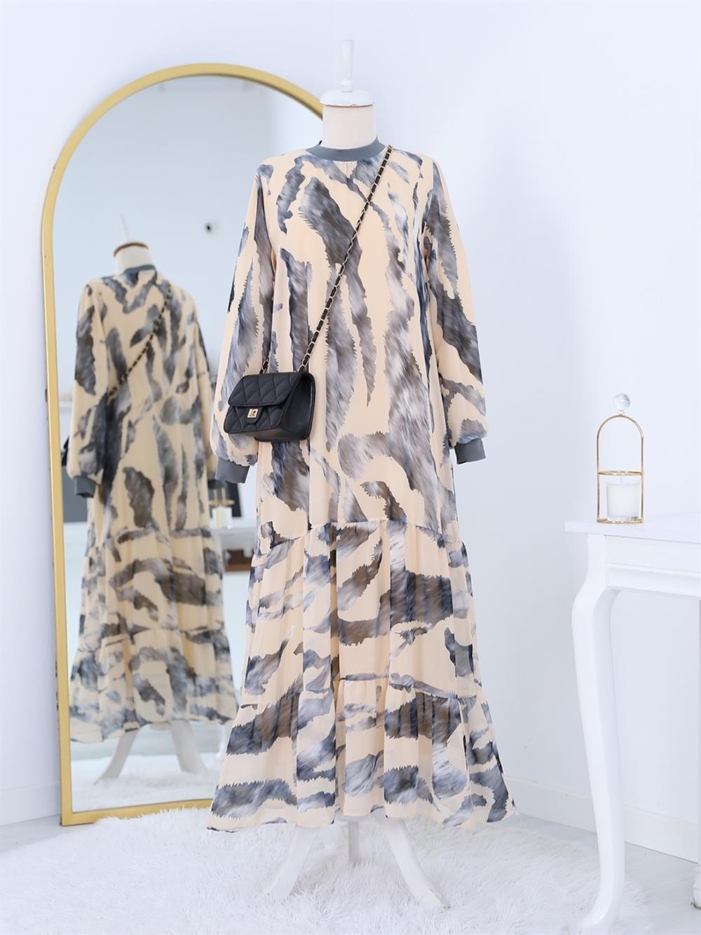 Yakası Ribanalı skirt Katlı Patterned Şifon Dress -Grey