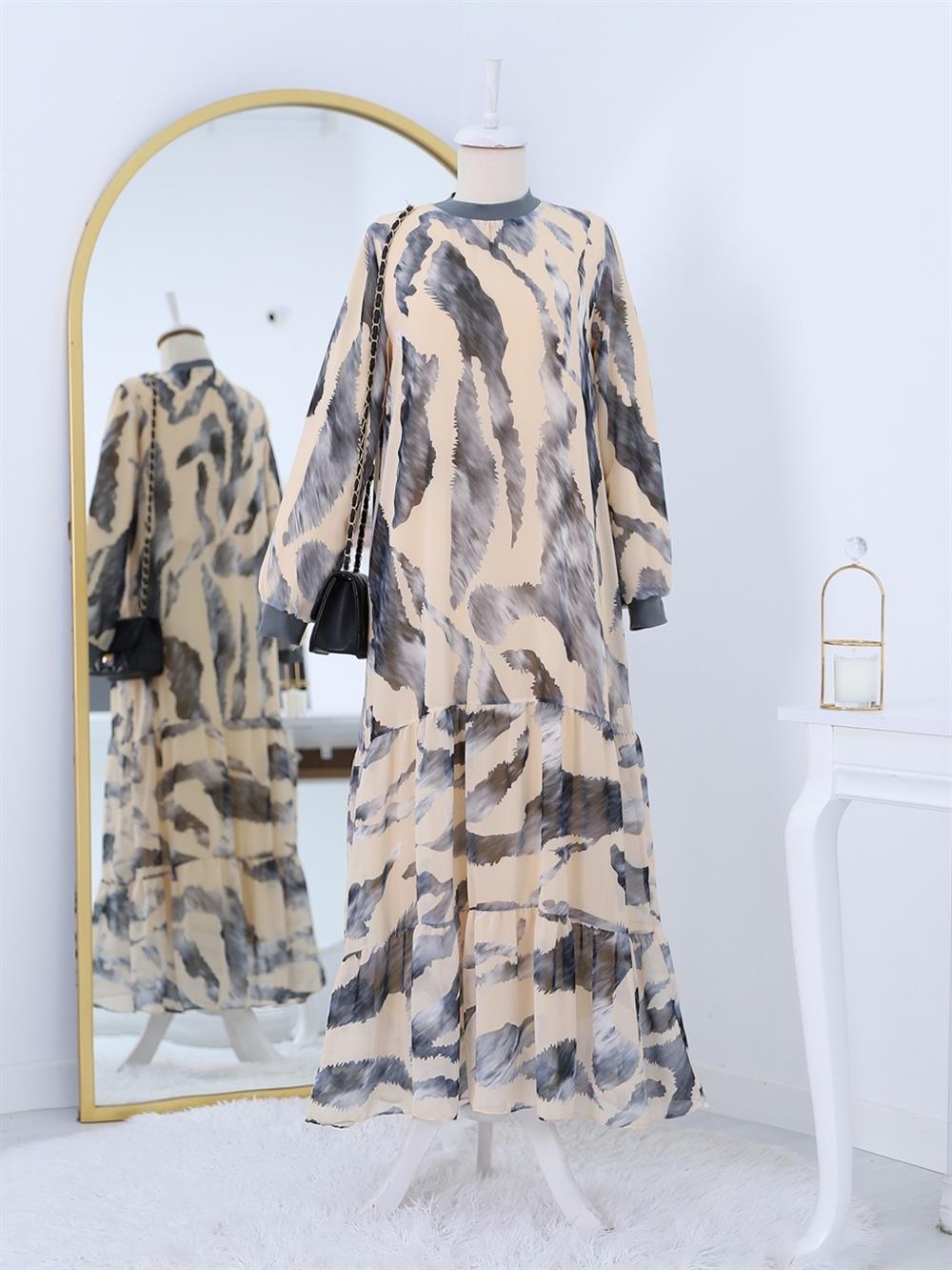 Yakası Ribanalı skirt Katlı Patterned Şifon Dress -Grey