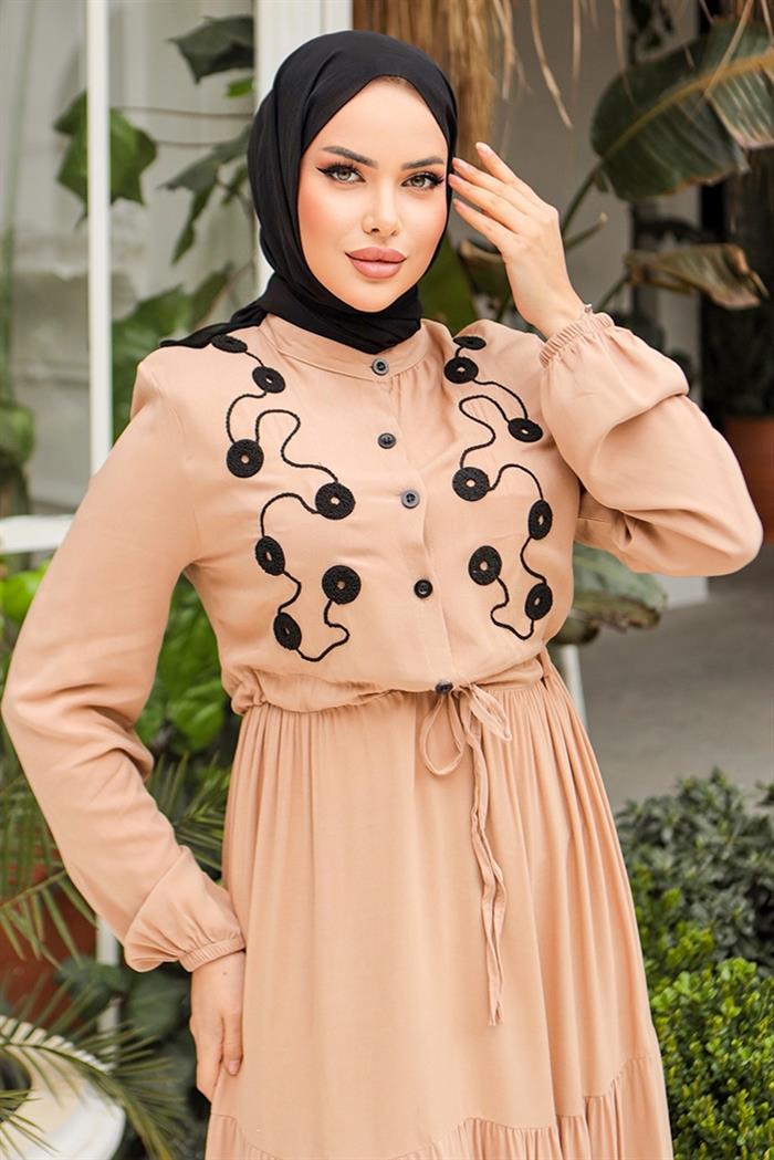 Abely Inlaid Hijab Dress 831 - Mink
