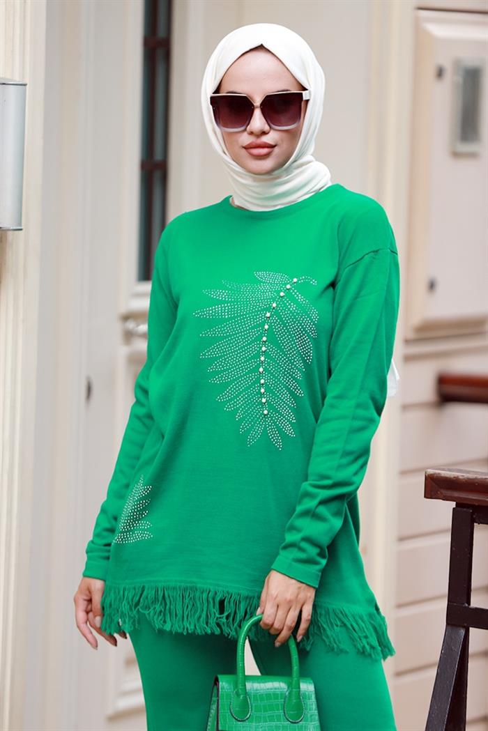 Adele Boncuklu Knitwear Suit 579 - Green