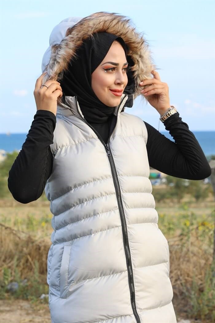 Afra Double Pockets Hooded Hijab Inflatable Vest 350 - Grey