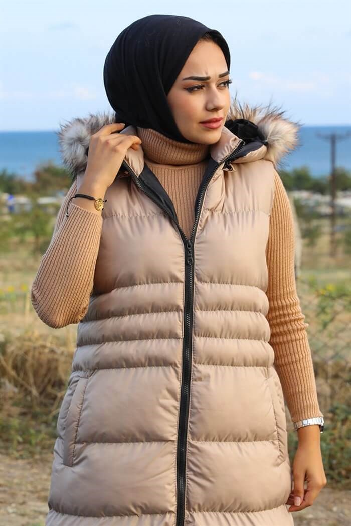 Afra Double Pockets Hooded Hijab Inflatable Vest 350 - Stone