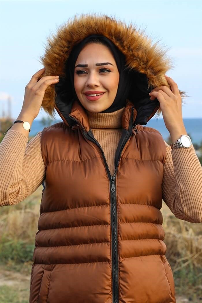 Afra Double Pockets Hooded Hijab Inflatable Vest 350 - Brown