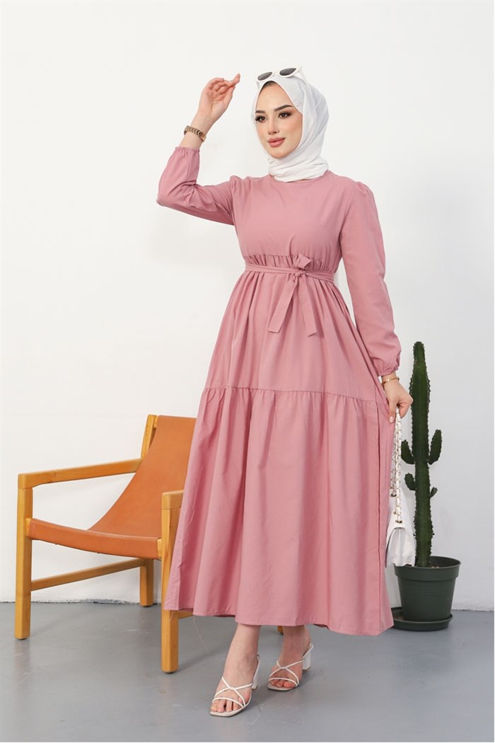 Akel Katlı Complete Length Belted Hijab Dress 281 - Light Pink
