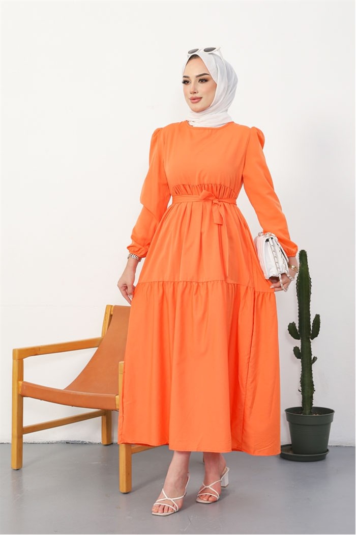 Akel Katlı Complete Length Belted Hijab Dress 281 - Orange