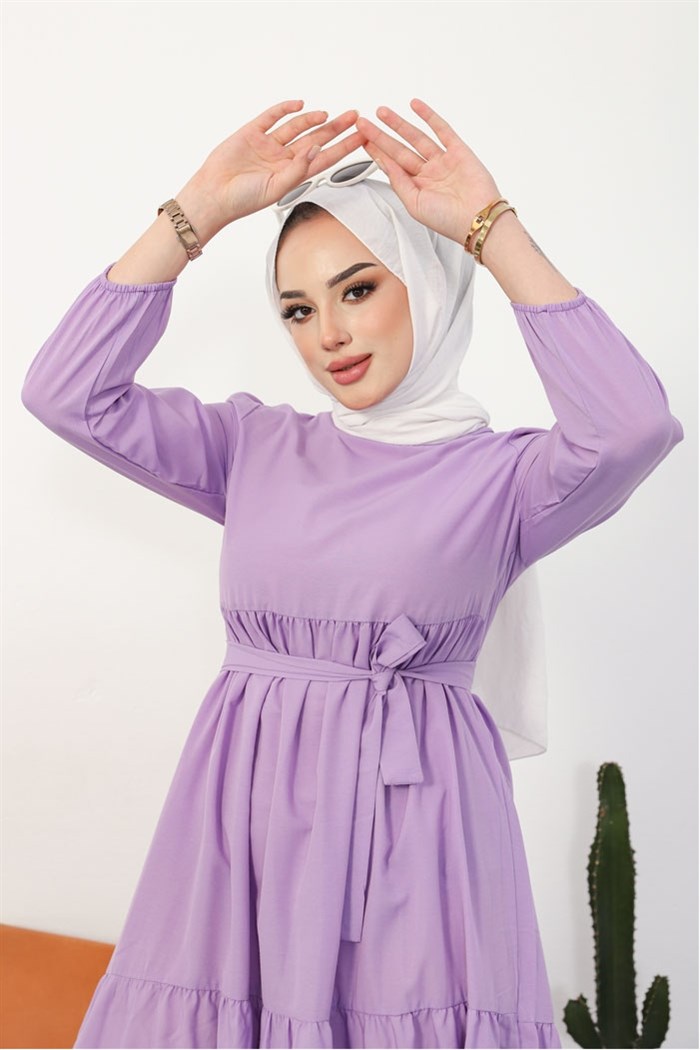Akel Katlı Complete Length Belted Hijab Dress 281 - Lila