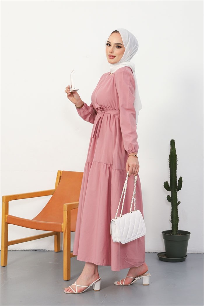 Akel Katlı Complete Length Belted Hijab Dress 281 - Light Pink