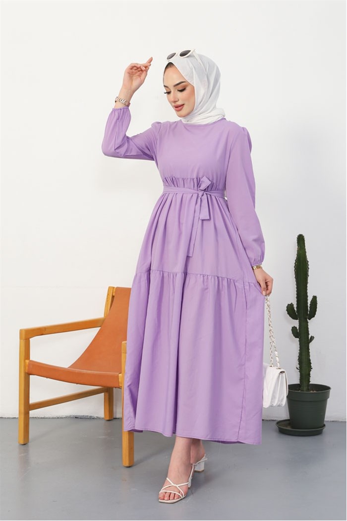 Akel Katlı Complete Length Belted Hijab Dress 281 - Lila