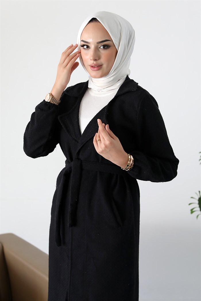 Alçin Double Breasted Collar Arched Hijab Cardigan 365 - Black