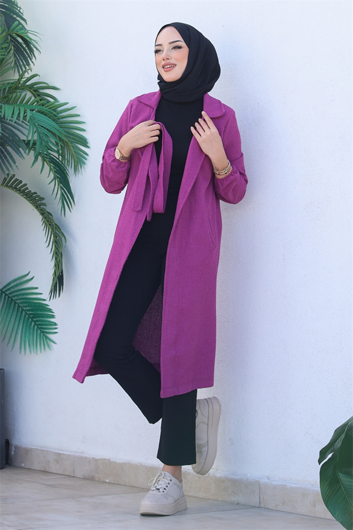 Alçin Double Breasted Collar Arched Hijab Cardigan 365 - Damson
