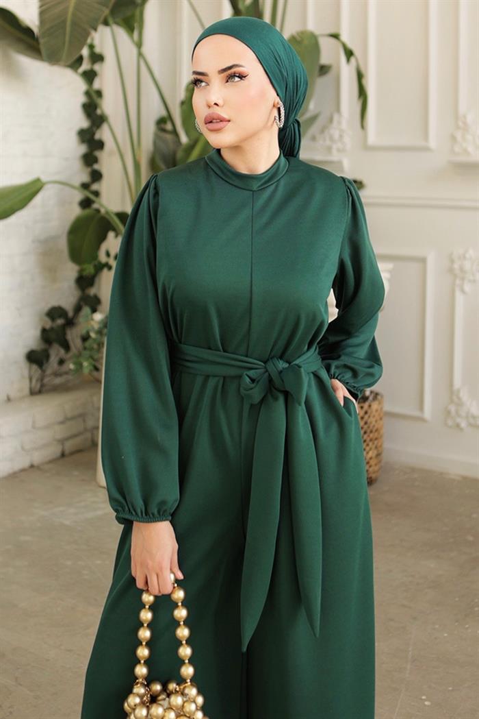 Fulya Arms Elastic Arched Hijab Overalls 357 - Emerald Green