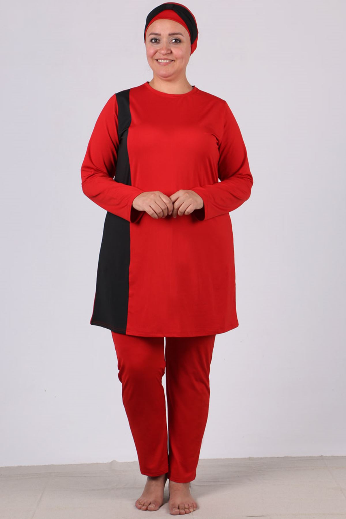 1703 Plus Size Long Arm Hijab Swimsuit - Red
