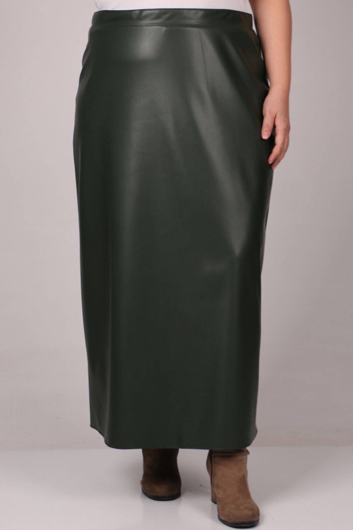 25007 Plus Size Leather Kalem Skirt-Khaki