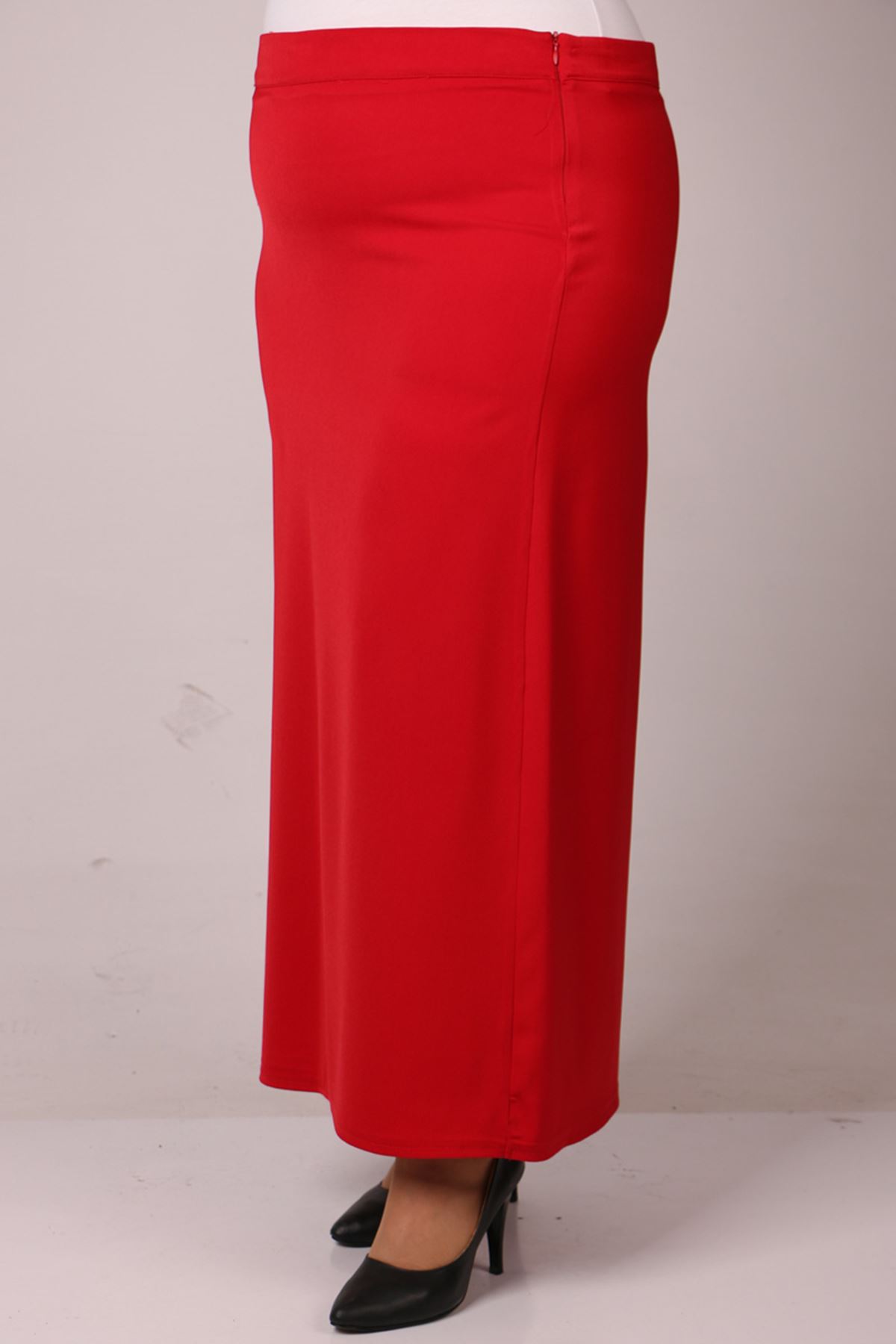 35000 Plus Size Yandan Zipped Kalem Skirt-Red