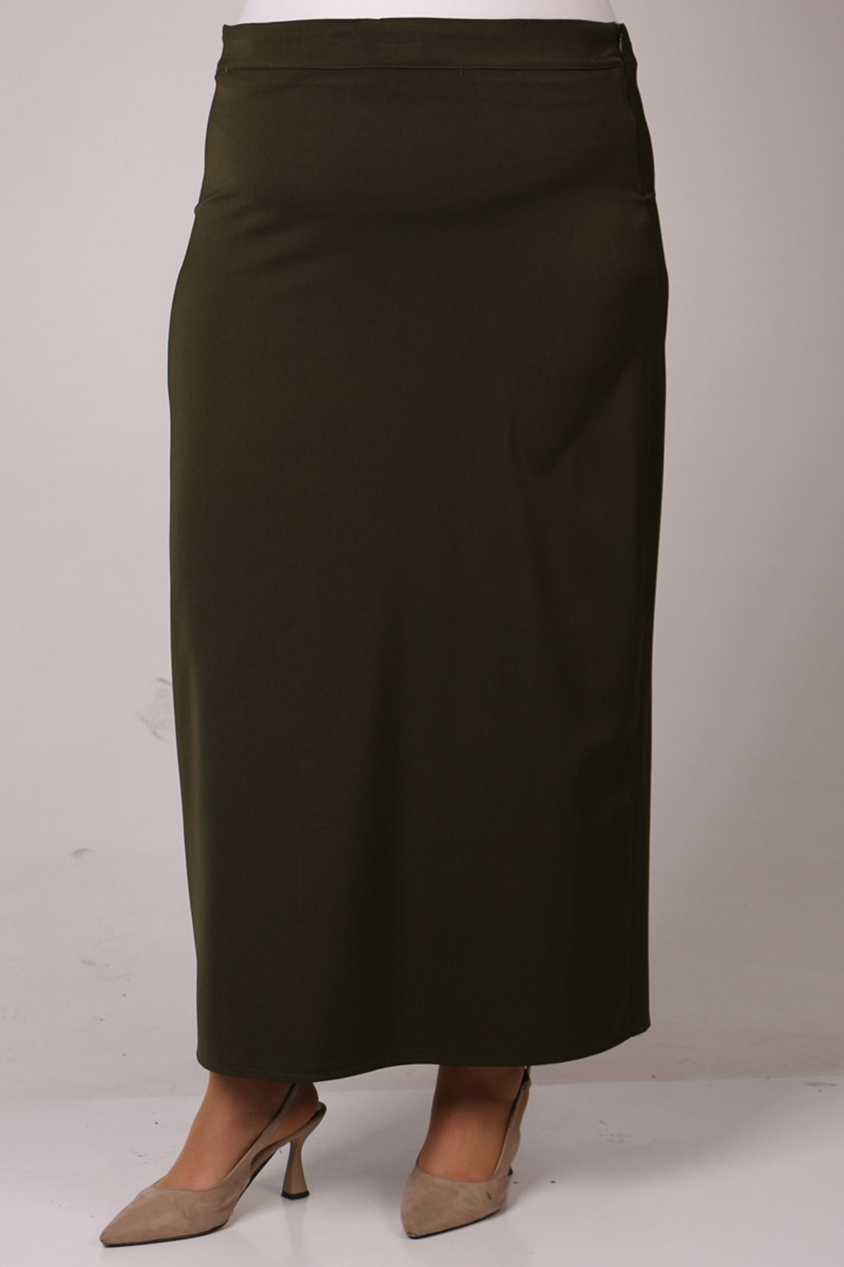 35000 Plus Size Yandan Zipped Kalem Skirt-Khaki