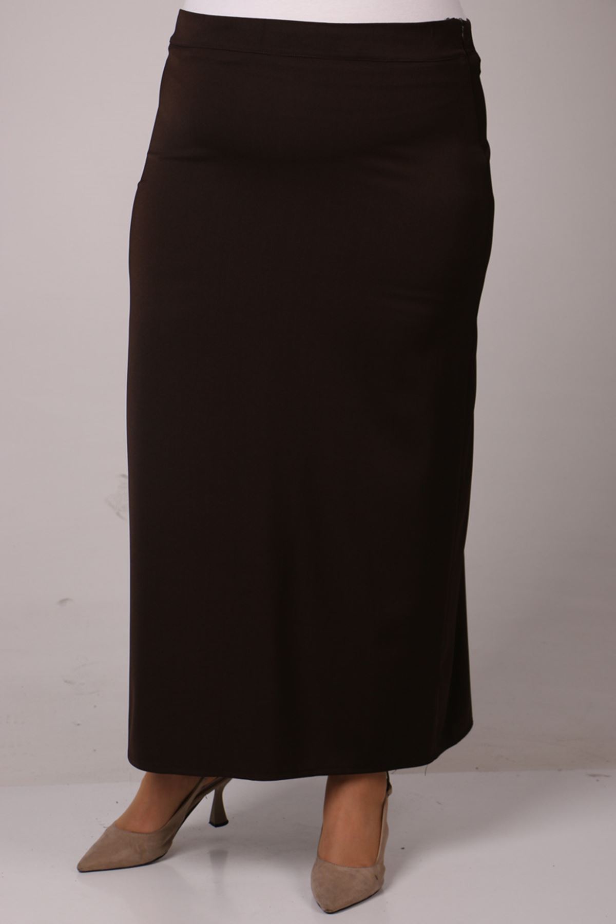 35000 Plus Size Yandan Zipped Kalem Skirt-Brown