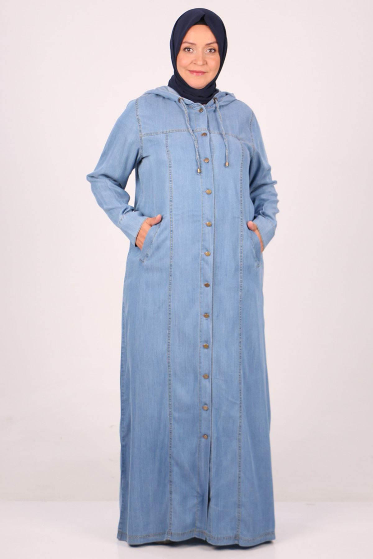 26007 Plus Size Button Jeans Abayas -Buz Blue
