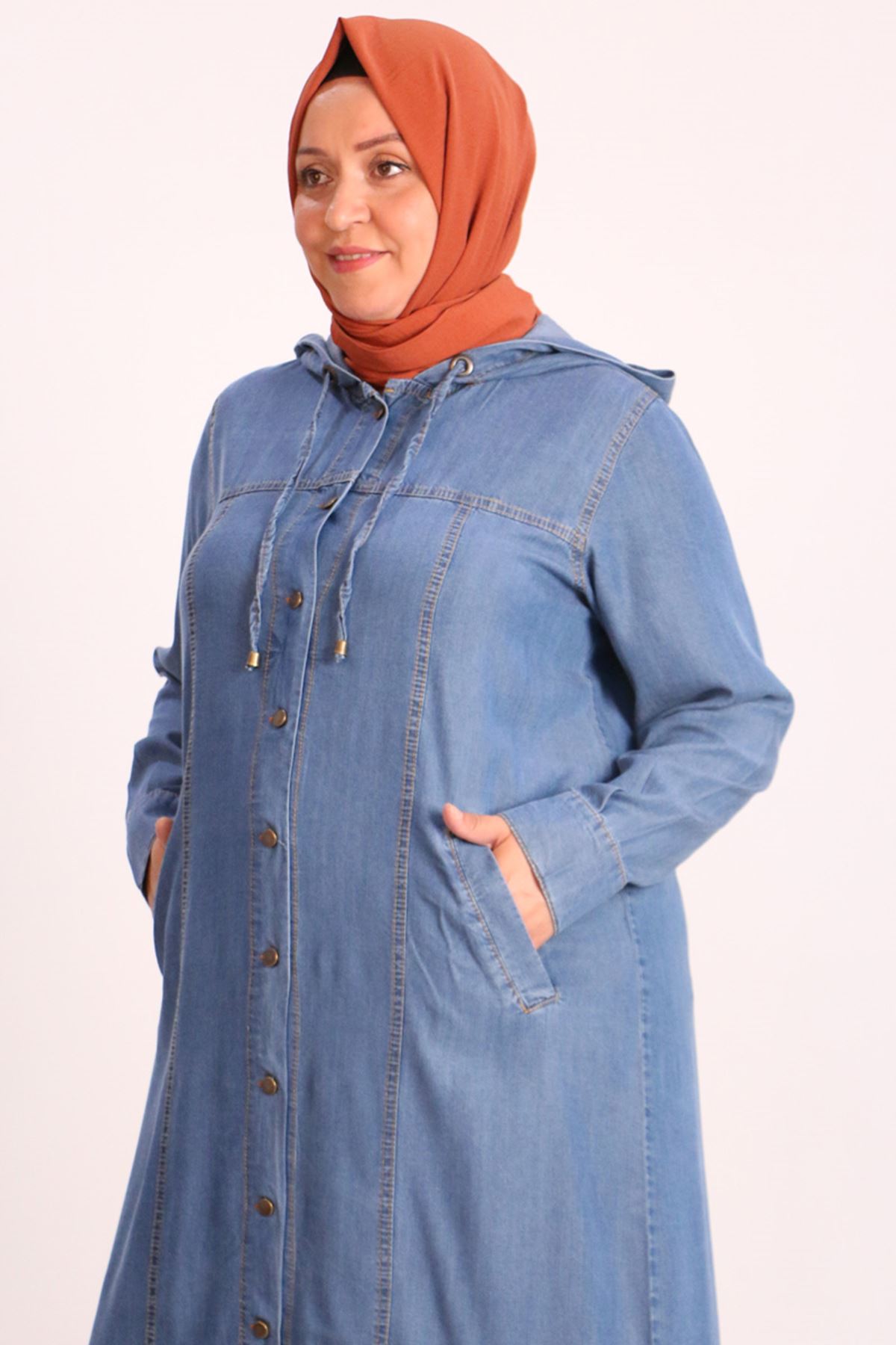 26007 Plus Size Button Jeans Abayas -Blue