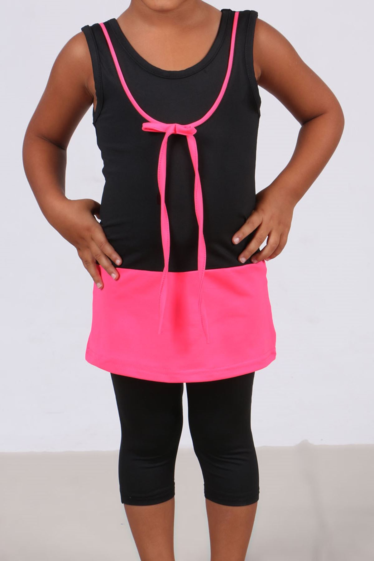 1705-1 Çocuk Swimsuit suit-Black-Fosforlu Pink