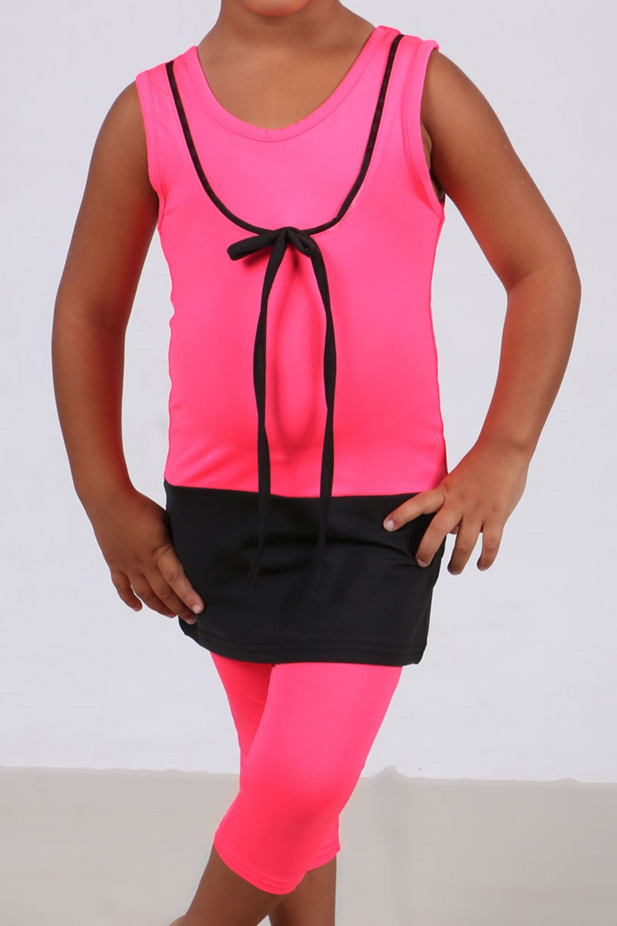 1705-1 Çocuk Swimsuit suit-Fosforlu Pink-Black