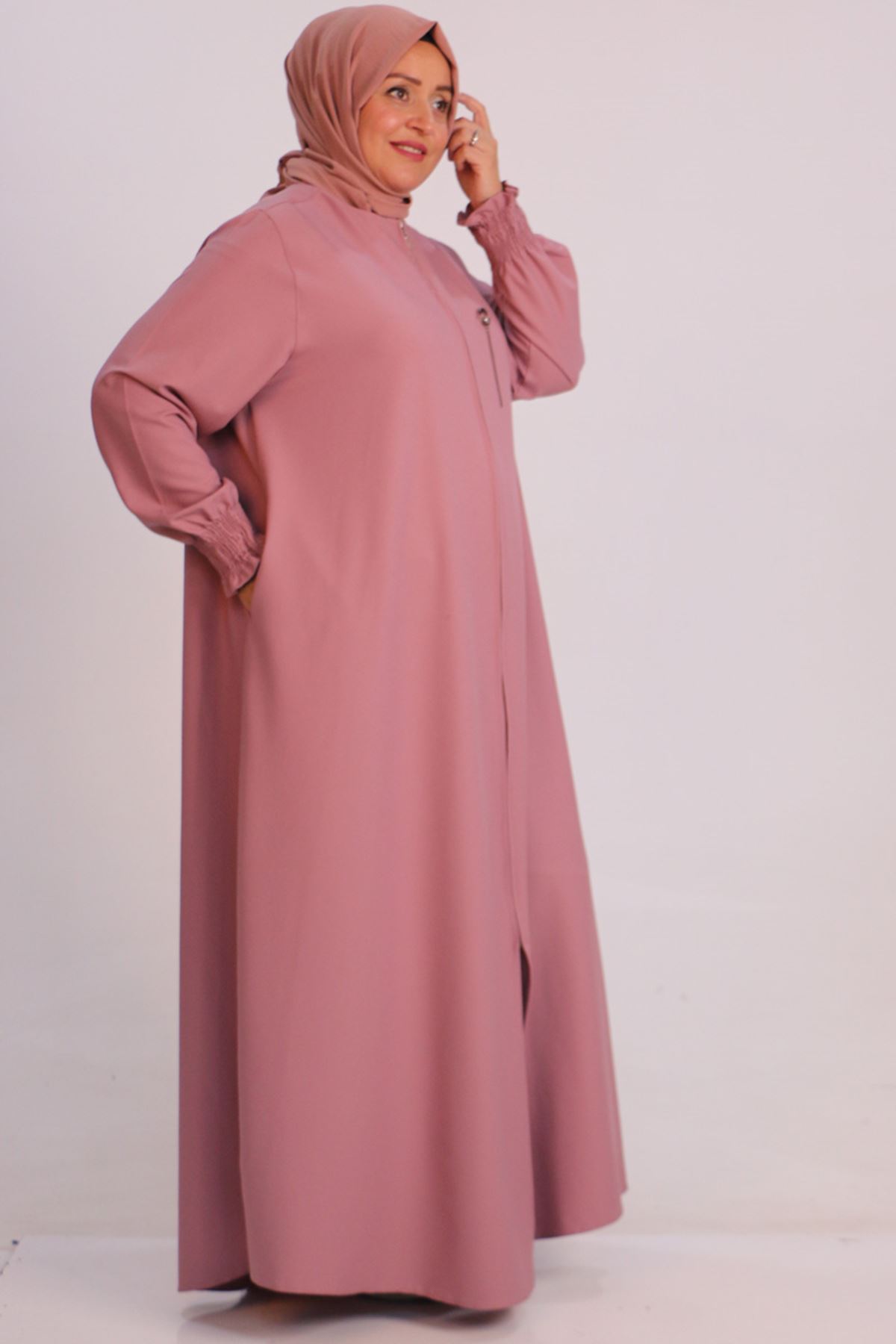 36005 Plus Size Double Kat Crepe Mevlana Abayas-Pink