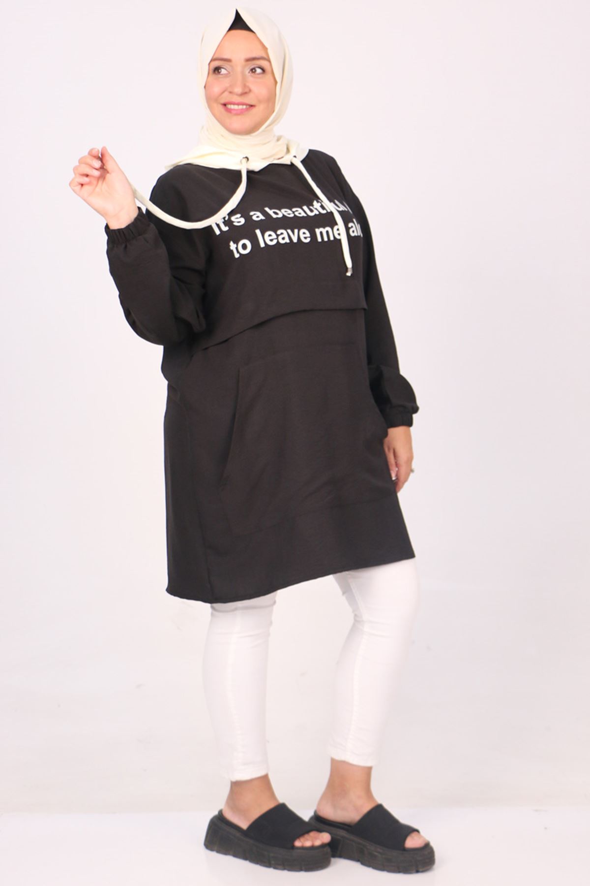 28050 Plus Size White Hooded Mucize Tunics - Black