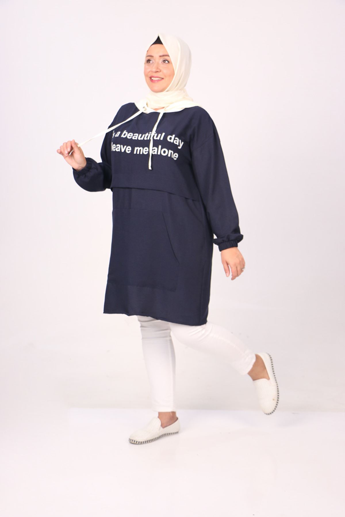 28050 Plus Size White Hooded Mucize Tunics - Navy blue