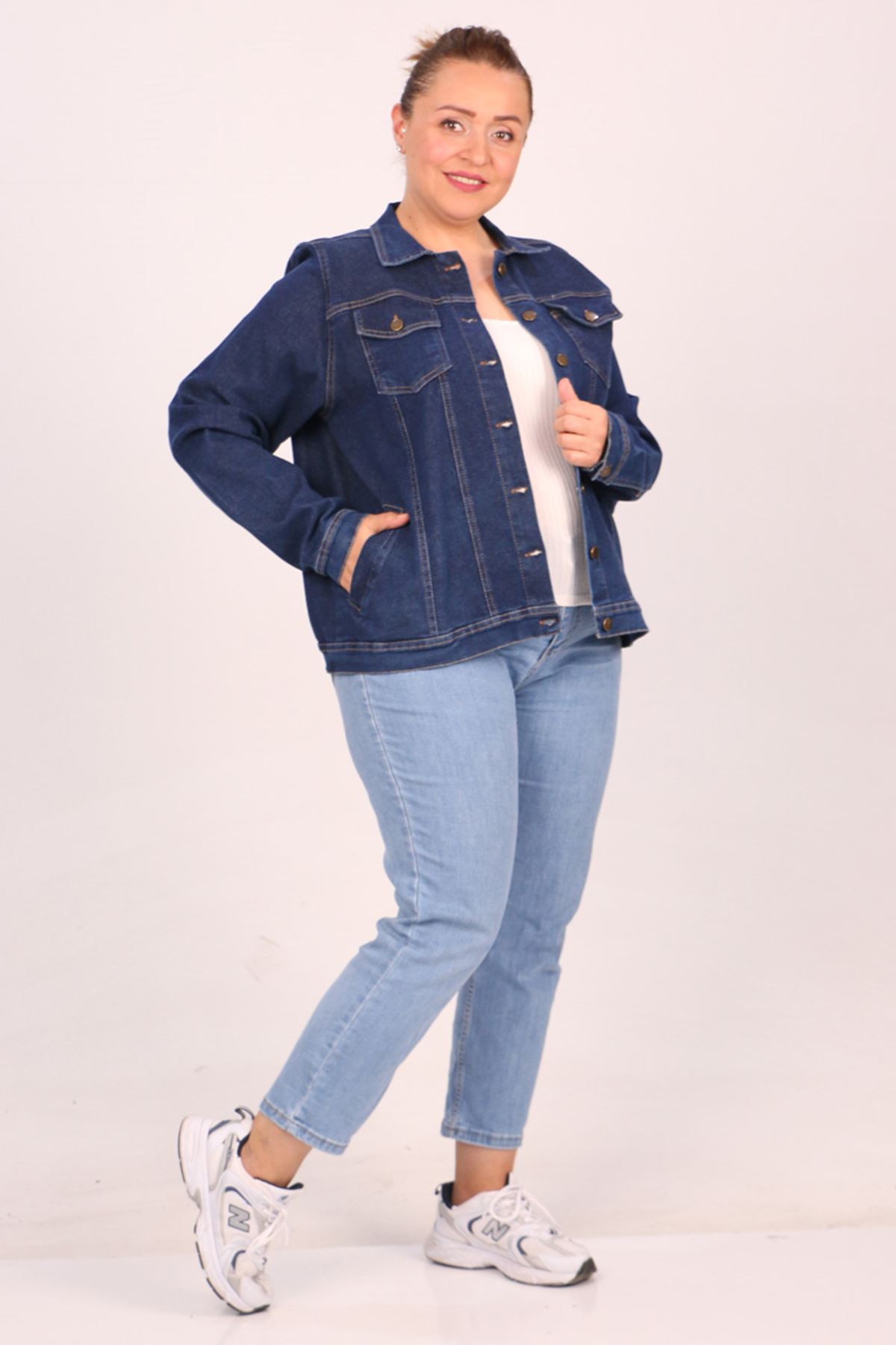 23022 Plus Size Short Jeans Jacket -Blue
