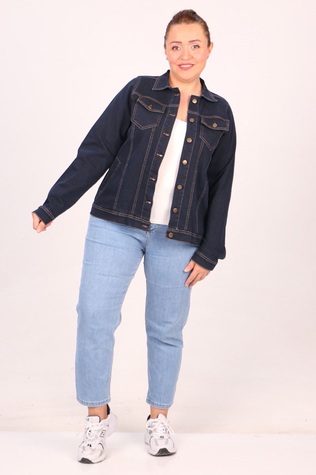 23022 Plus Size Short Jeans Jacket -Dark Navy blue