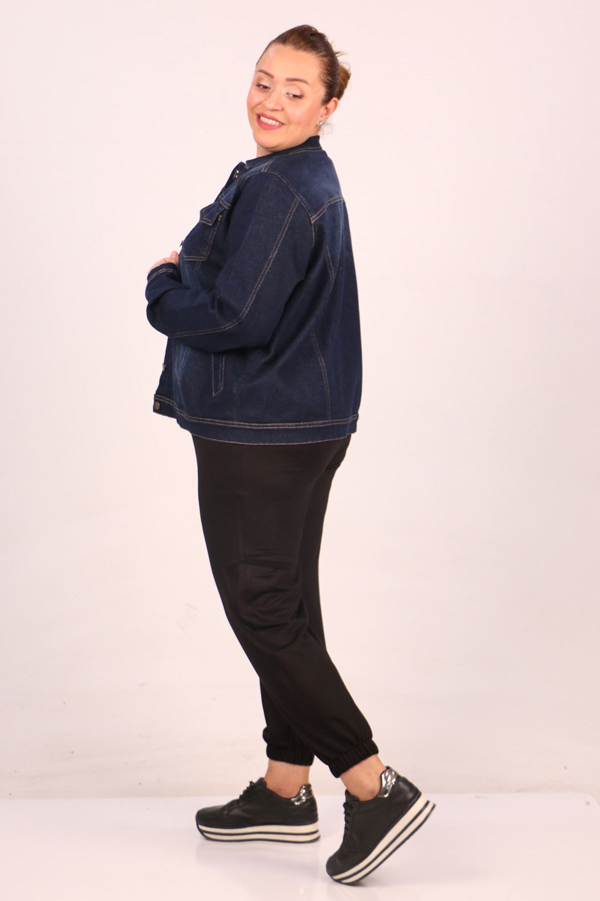 23022-1 Plus Size Taşlamalı Short Jeans Jacket -Navy blue