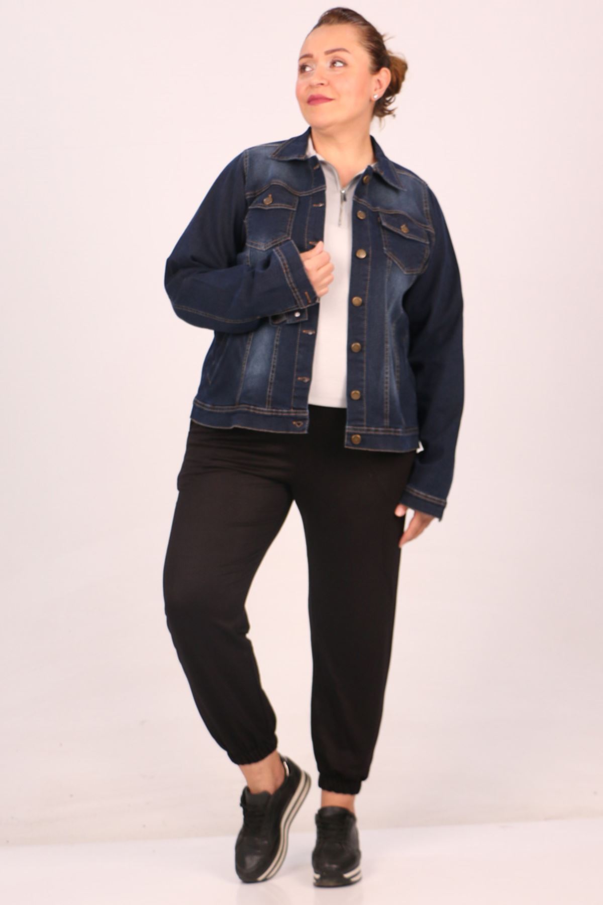 23022-1 Plus Size Taşlamalı Short Jeans Jacket -Dark Navy blue