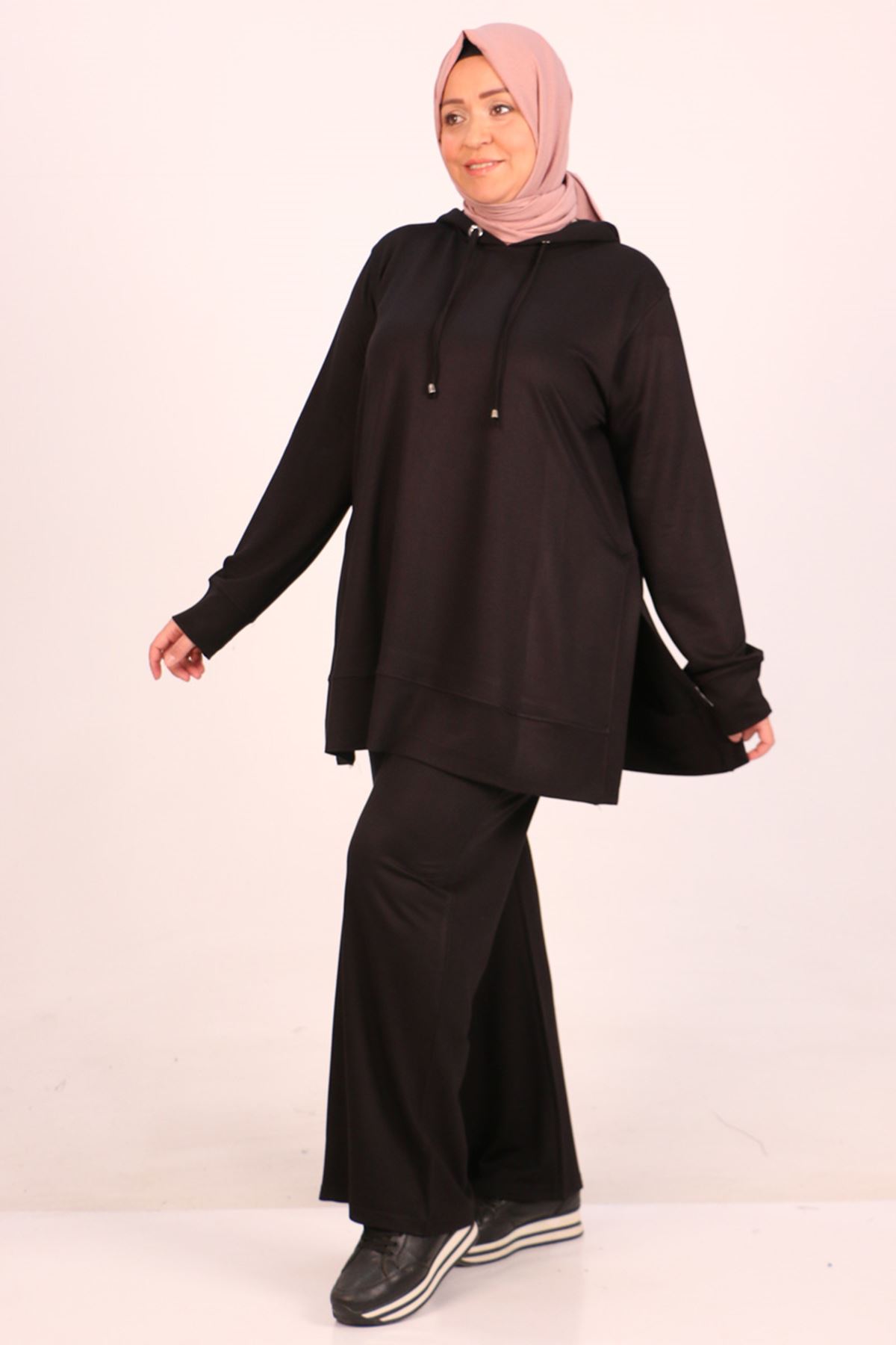 1989 Plus Size Hooded Two Yarn Netting Pantolonlu Suit-Black