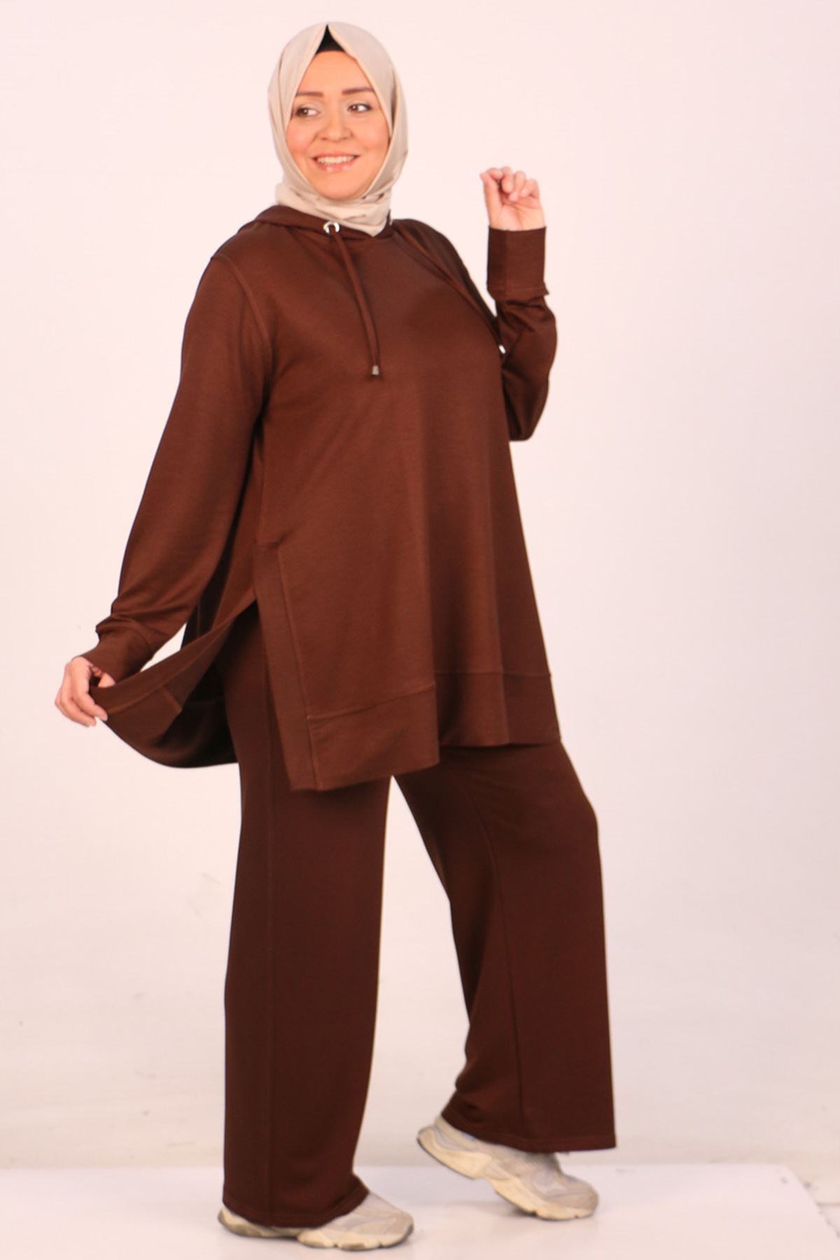 1989 Plus Size Hooded Two Yarn Netting Pantolonlu Suit-Brown