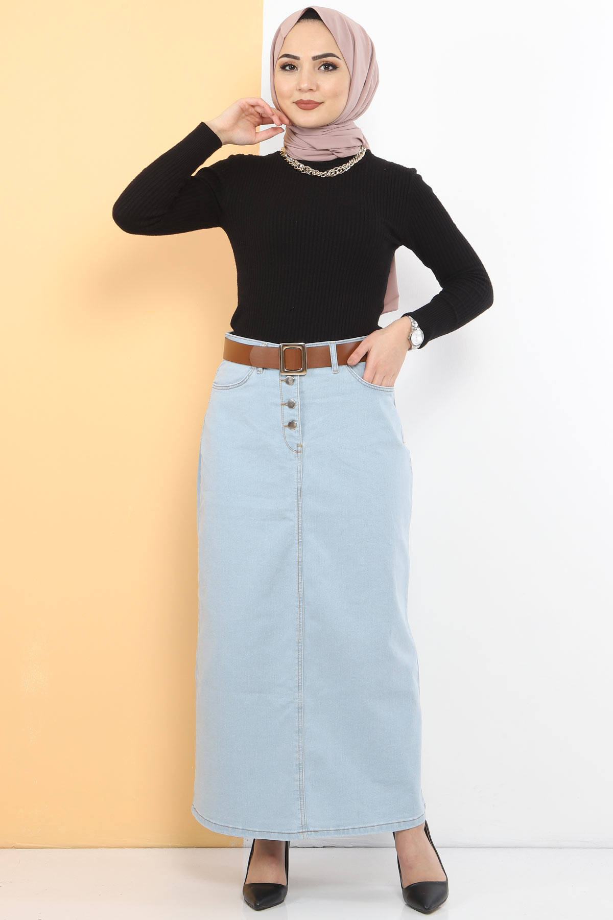 Arched Jeans Skirt TSD231015 Light blue