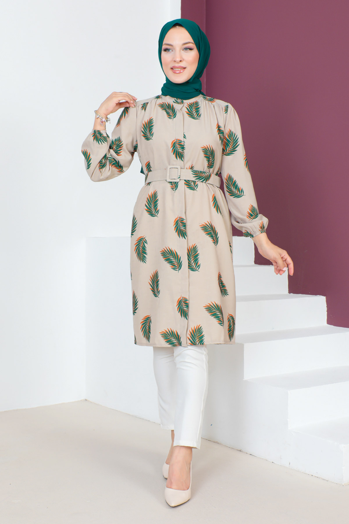 Arched Leaf Patterned Tunics TSD230644 Green